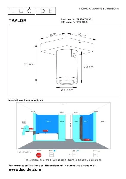 Lucide TAYLOR - Foco de techo Baño - LED Dim to warm - GU10 - 1x5W 2200K/3000K - IP44 - Negro - técnico